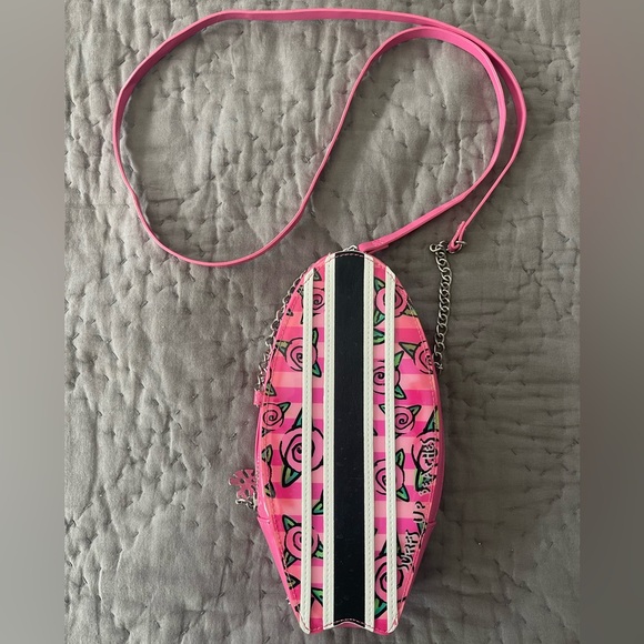 Betsey Johnson Surfs Up Pink Surfboard Crossbody Bag Zippered Silver Tropical - Picture 8 of 9